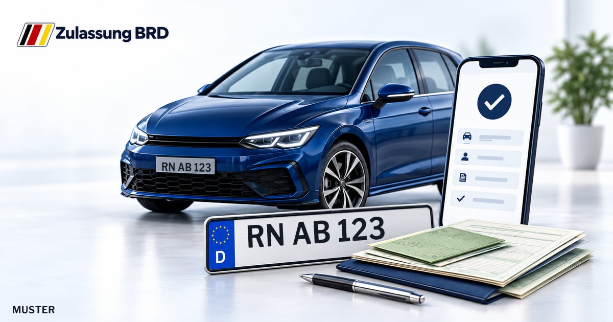Online Fahrzeugzulassung in Landkreis Havelland: Musterkennzeichen RN AB 123, Auto und Fahrzeugpapiere und Smartphone. Illustration mit Logo von Zulassung BRD.